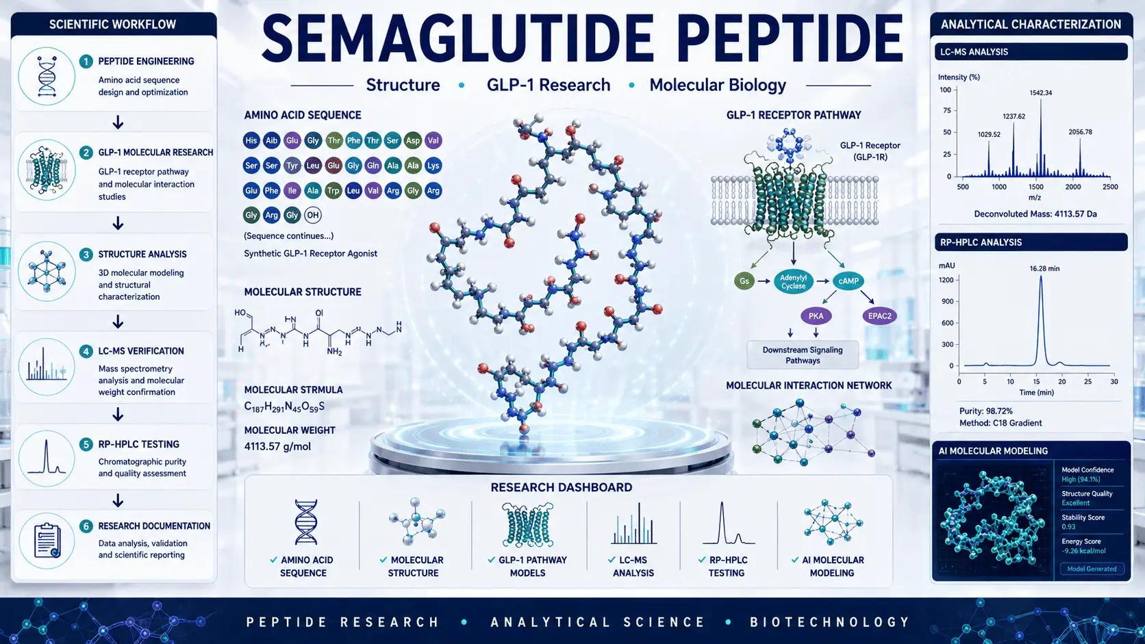 Semaglutide peptide research illustration showing GLP-1 receptor biology and molecular structure analysis
